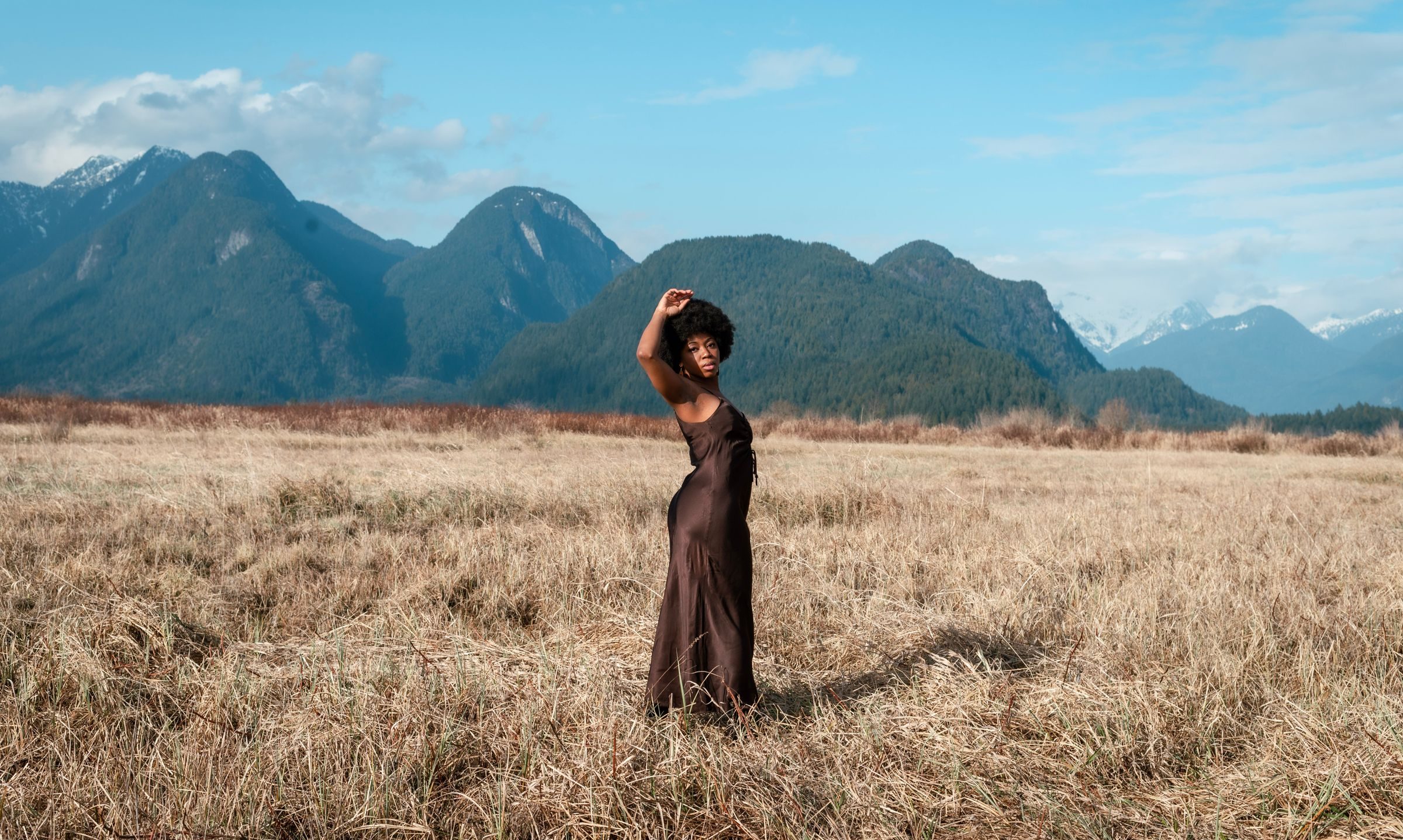 A woman in a long brown dress standing in a golden field below mountains